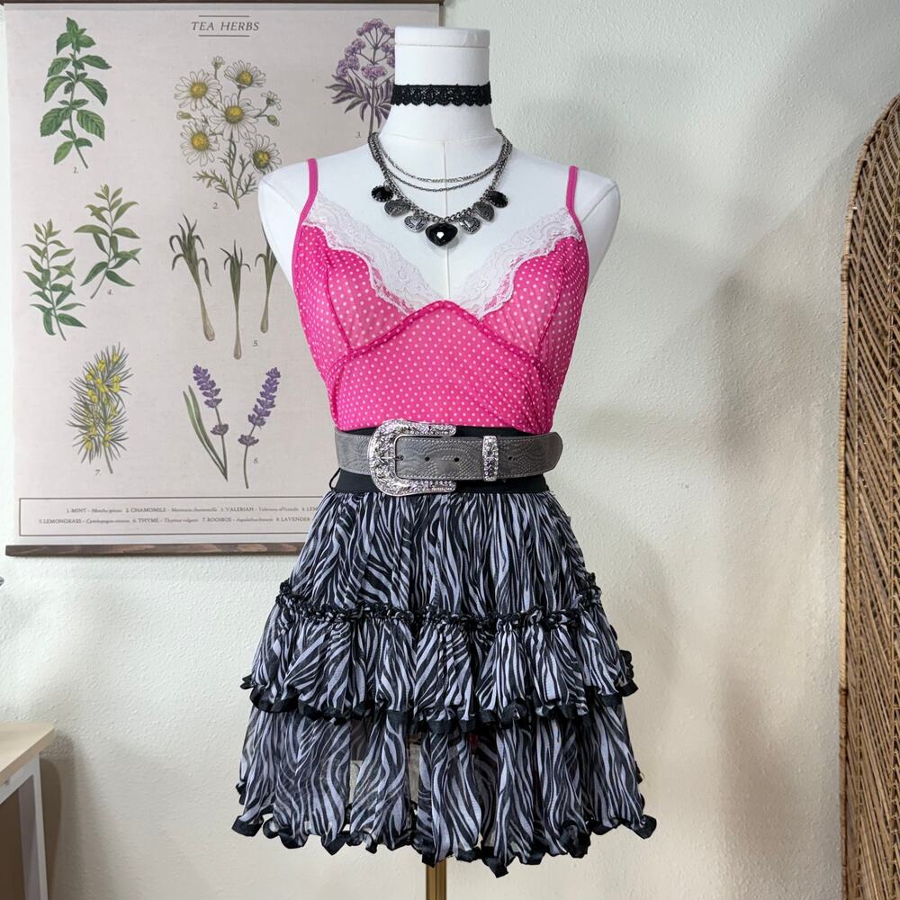 90s Y2k Tiered Ruffle Zebra Mini Skirt Scene Gyaru Emo Punk Princess Trashy XS